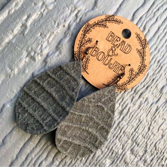 Metallic Silver and Brown Genuine Embossed Leather Teardrop Dangle Earrings - Picture 7 of 9